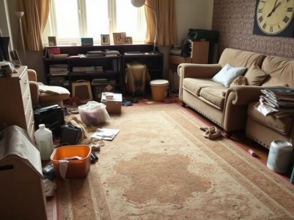 Cluttered dusty living room before Eva Best cleaning