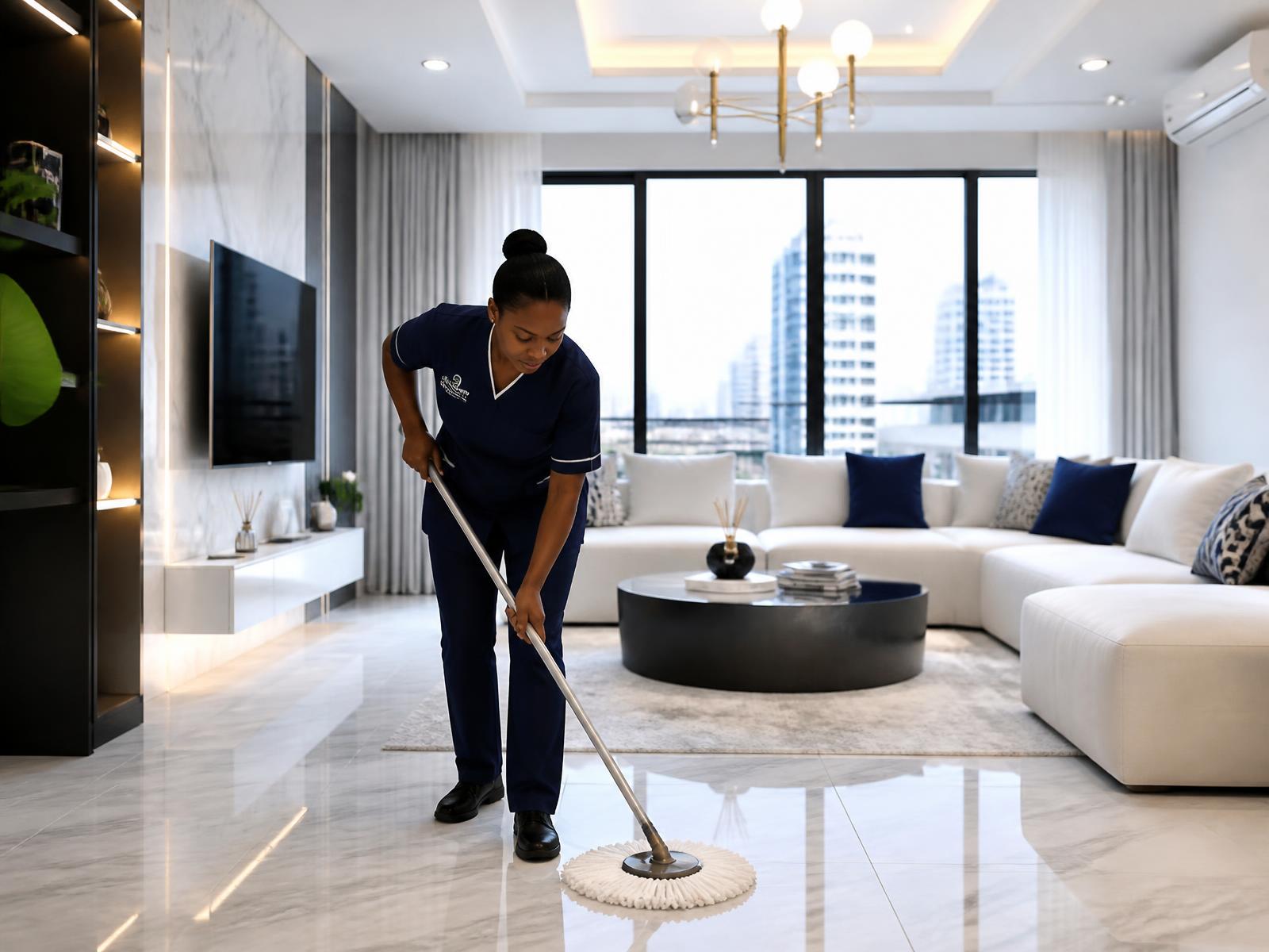 Professional cleaner polishing the floor of a spotless modern Lekki apartment